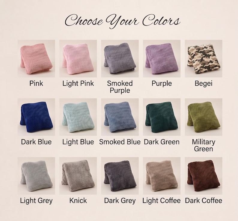 May include: A grid of fifteen small, folded, textured fabric squares labeled Choose Your Colors. The colors include pink, light pink, smoked purple, purple, beige, dark blue, light blue, smoked blue, dark green, military green, light grey, knick, dark grey, light coffee, and dark coffee.