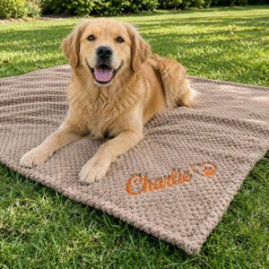 May include: A golden retriever dog with light brown fur sits on a textured, light brown blanket. The blanket features the embroidered orange text Charlie next to an orange heart icon containing a small paw print design in the bottom corner.