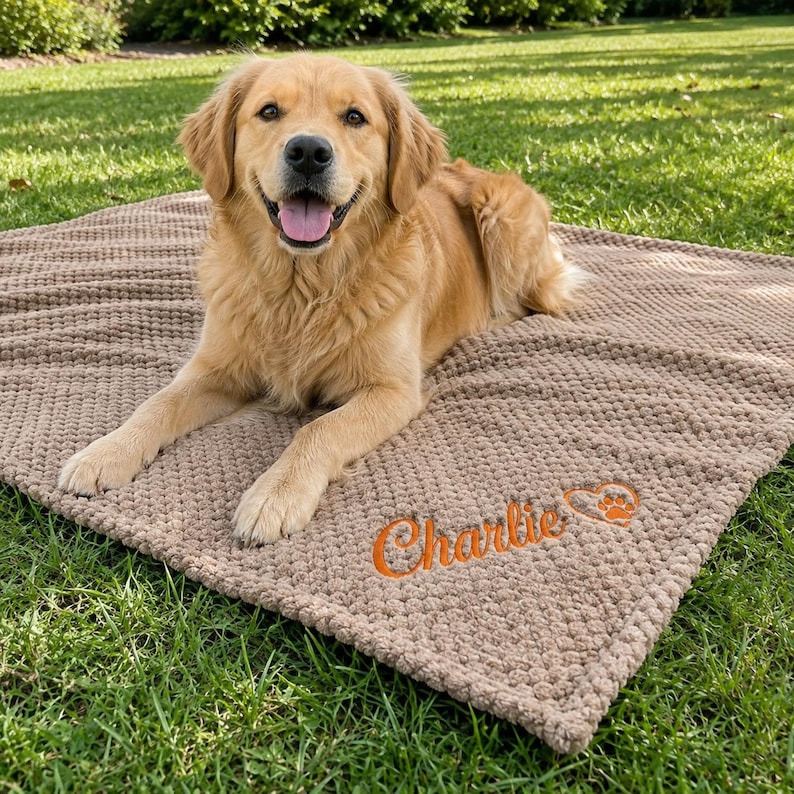 May include: A golden retriever dog with light brown fur sits on a textured, light brown blanket. The blanket features the embroidered orange text Charlie next to an orange heart icon containing a small paw print design in the bottom corner.