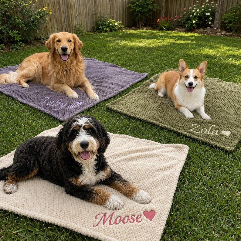 May include: Three square textured blankets in purple, olive green, and cream, each personalized with a dog's name and a small icon. The purple blanket features the name Toby with a fish bone, the green has Zola with a heart, and the cream has Moose with a heart.