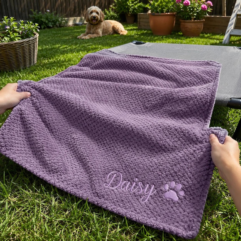 May include: A rectangular purple textured blanket featuring the embroidered name Daisy in a cursive script font, accompanied by a small embroidered paw print design located in the bottom right corner of the fabric.