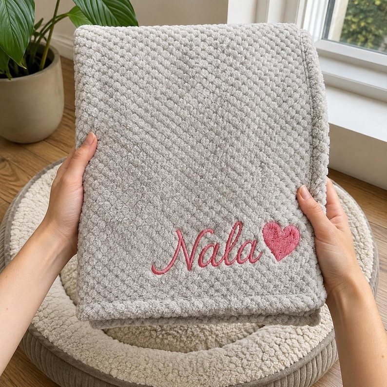 May include: A light gray textured blanket featuring a soft, nubby surface. The blanket is embroidered with the name Nala in a cursive pink script, followed by a small, solid pink heart icon positioned to the right of the name.