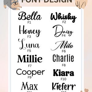 May include: A font design chart featuring twelve distinct black typography styles labeled F1 through F12, each displaying a sample name. The chart includes illustrations of a gray dog, a tan cat, and paw prints, with the text FONT DESIGN at the top.