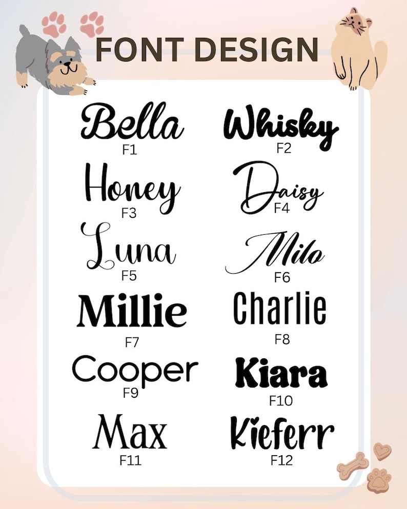 May include: A font design chart featuring twelve distinct black typography styles labeled F1 through F12, each displaying a sample name. The chart includes illustrations of a gray dog, a tan cat, and paw prints, with the text FONT DESIGN at the top.