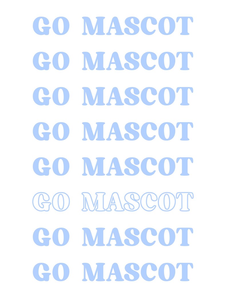 Puede incluir: Un dise&ntilde;o gr&aacute;fico que presenta el texto GO MASCOT repetido en ocho filas horizontales. Siete filas muestran el texto en un color azul claro s&oacute;lido, mientras que la sexta fila muestra el mismo texto en un estilo de contorno azul claro sobre fondo blanco.