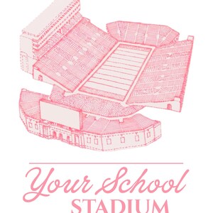 Puede incluir: Una ilustraci&oacute;n de l&iacute;neas de color rosa claro de un estadio de f&uacute;tbol visto desde un &aacute;ngulo elevado. Debajo del estadio, el texto dice Your School STADIUM en una combinaci&oacute;n de letras cursivas y de bloque, enmarcado por dos l&iacute;neas.