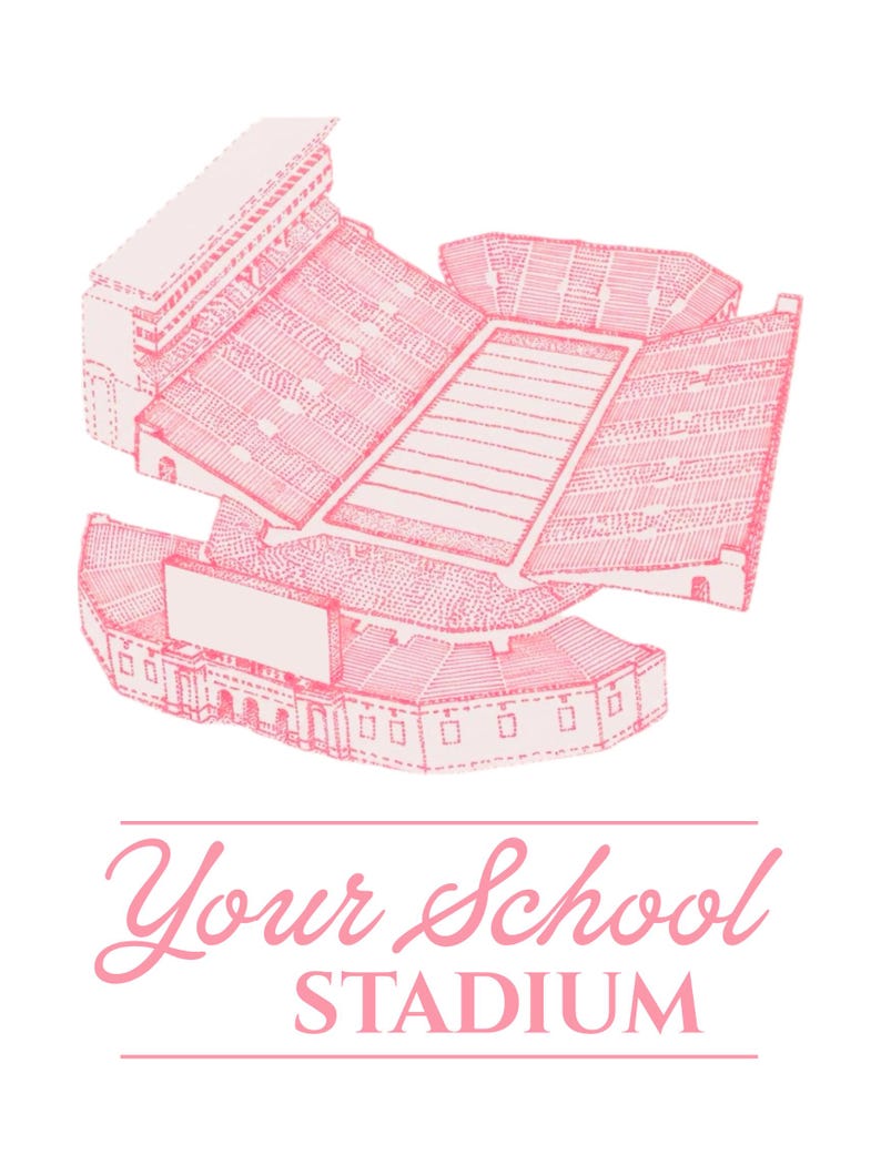 Puede incluir: Una ilustraci&oacute;n de l&iacute;neas de color rosa claro de un estadio de f&uacute;tbol visto desde un &aacute;ngulo elevado. Debajo del estadio, el texto dice Your School STADIUM en una combinaci&oacute;n de letras cursivas y de bloque, enmarcado por dos l&iacute;neas.