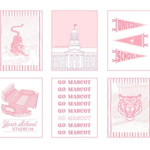 Puede incluir: Un conjunto de seis l&aacute;minas de arte en rosa claro y blanco que presentan una mascota tigre, un edificio del campus, tres banderines con el texto UNIVERSITY of SCHOOL NAME, un estadio con el texto Your School STADIUM y el texto repetido GO MASCOT.