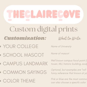 Puede incluir: Un gr&aacute;fico digital con el texto THECLAIRECOVE y Custom digital prints. Enumera opciones de personalizaci&oacute;n que incluyen YOUR COLLEGE, SCHOOL MASCOT, CAMPUS LANDMARK, COMMON SAYINGS y COLOR THEME, con instrucciones correspondientes para cada elemento.