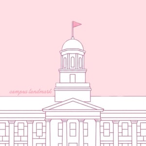 Puede incluir: Una ilustraci&oacute;n de l&iacute;neas de un edificio con una c&uacute;pula central y una bandera en la parte superior, sobre un fondo rosa claro. El edificio presenta columnas y ventanas rectangulares. El texto "campus landmark" est&aacute; escrito en cursiva a la izquierda.