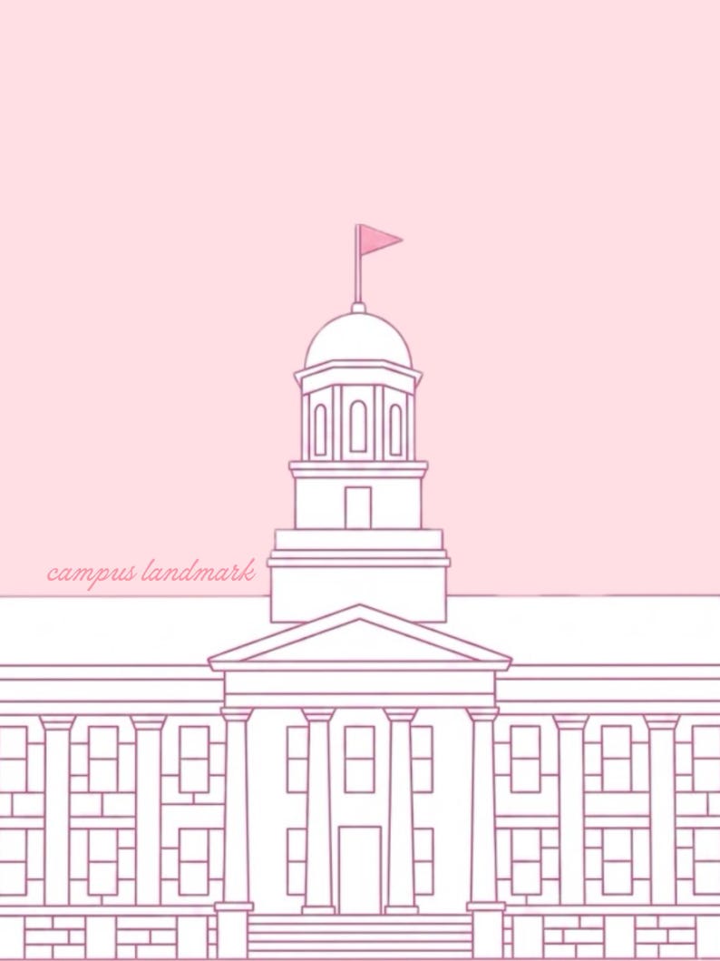 Puede incluir: Una ilustraci&oacute;n de l&iacute;neas de un edificio con una c&uacute;pula central y una bandera en la parte superior, sobre un fondo rosa claro. El edificio presenta columnas y ventanas rectangulares. El texto "campus landmark" est&aacute; escrito en cursiva a la izquierda.