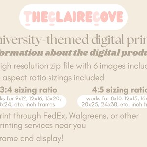 Puede incluir: Un gr&aacute;fico de informaci&oacute;n de producto digital con el texto THECLAIRECOVE y University-themed digital prints. Detalla un archivo zip de alta resoluci&oacute;n con 6 im&aacute;genes, incluyendo relaciones de aspecto 3:4 y 4:5 para varios marcos en pulgadas.