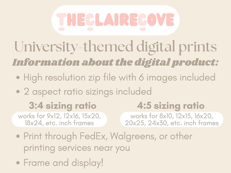 Puede incluir: Un gr&aacute;fico de informaci&oacute;n de producto digital con el texto THECLAIRECOVE y University-themed digital prints. Detalla un archivo zip de alta resoluci&oacute;n con 6 im&aacute;genes, incluyendo relaciones de aspecto 3:4 y 4:5 para varios marcos en pulgadas.