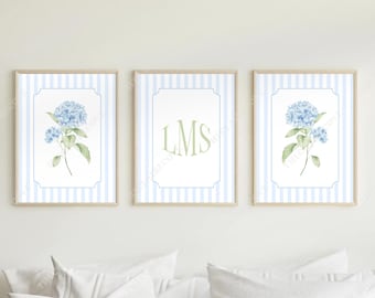 Láminas personalizadas de hortensias y rayas para dormitorio universitario (juego de 3) - descarga digital