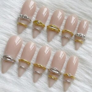 Gold Chrome 3D Bangle Press-On Nails, Almond Shape, Hand-Painted Luxury Manicure