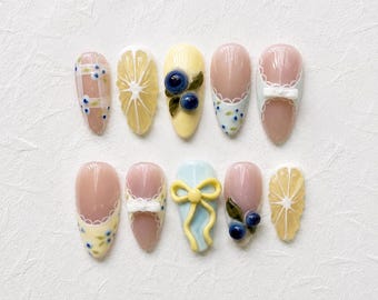 Blueberry Lemon Press On Nails, 3D Fruit Bow Handmade Gel Set, Cottagecore French Tip, Summer Picnic Bridal Gift Reusable