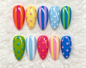 Colorful Stripe Press On Nails, Neon Polka Dot Retro Pop Art, Summer Nail Set