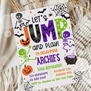 Invitación editable para fiesta de saltos de Halloween / Invitación de cumpleaños en parque de trampolines de Halloween / Salta y juega en la casa inflable / Plantilla editable de Canva