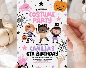 May include: A white Halloween costume party invitation for Camilla's 6th birthday. It features a pink spider, orange jack-o'-lantern, and three children dressed as a skeleton, werewolf, and witch. Includes black spiderwebs, stars, and party details.
