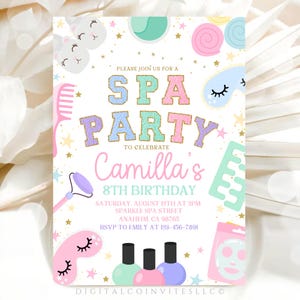 May include: A spa party invitation for Camilla's 8th birthday featuring pastel illustrations of sleep masks, nail polish, a jade roller, and a comb. The text reads: PLEASE JOIN US FOR A SPA PARTY TO CELEBRATE Camilla's 8TH BIRTHDAY, AUGUST 12TH AT 2PM.