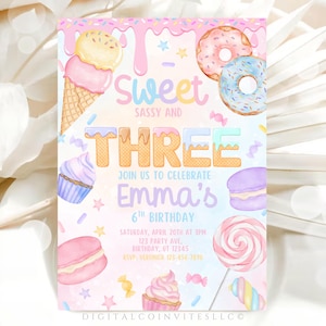 Invito "Dolce e Sassy per il terzo compleanno di una bambina" / Invito a tema dolci pastello / Festa con gelato e ciambelle / Modificabile su Canva / Inviti digitali stampabili