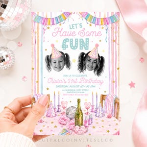 May include: A birthday invitation card featuring pastel bunting, two black and white portraits of individuals wearing party hats, and the text Let's Have Some FUN. The design includes a table with a bottle, glasses, and party decorations.