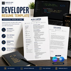 May include: A developer resume template featuring a clean layout with sections for tech stack, professional summary, project experience, and education. The document includes the name Alex Carter and is displayed alongside a laptop and notebook.