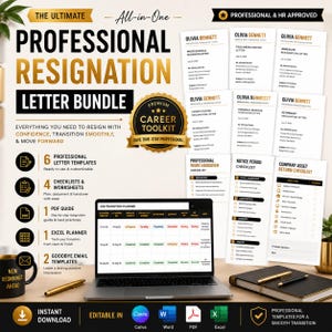 May include: A professional resignation letter bundle featuring six letter templates, four checklists, a PDF guide, an Excel planner, and two email templates. The digital kit includes a laptop displaying a job transition planner and various printed documents.