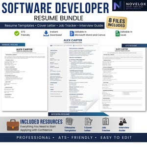 May include: A software developer resume bundle featuring three distinct resume templates, a cover letter, a job tracker, and an interview guide. The documents are white with black text, labeled as minimal, modern, and ATS-friendly, with 8 files included.