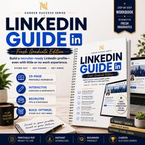 Op de afbeelding: Een spiraalgebonden LinkedIn-gids werkboek voor pas afgestudeerden met een witte kaft en blauwe en gouden tekst. Het werkboek bevat 25 pagina's met interactieve oefeningen, tips van recruiters en strategieën voor profielopbouw.