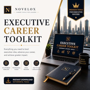 May include: Executive Career Toolkit digital product set featuring a laptop displaying the title, a black notebook with a gold pen, and a mug labeled Lead. Inspire. Succeed. The text includes Novelox Career Tools for Leaders and Premium Tools.