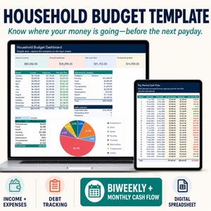 May include: A digital household budget template displayed on a laptop and tablet screen. The interface features tables for income, expenses, and debt, alongside a colorful pie chart. Text includes "HOUSEHOLD BUDGET TEMPLATE" and "BIWEEKLY + MONTHLY CASH FLOW."