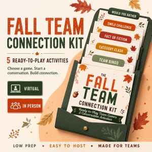 Op de afbeelding: Een herfst-teamverbindingsset met vijf activiteitenkaarten in een donkergroene houder. De kaarten zijn gelabeld met Would You Rather, Emoji Challenge, Fact or Fiction, Category Clash en Team Bingo. De set bevat tekst voor virtueel en persoonlijk gebruik.