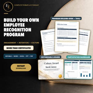 May include: A digital toolkit for building an employee recognition program, featuring a quick-start guide, planning worksheets, a customizable Culture Award certificate, and a participation dashboard. Text includes "Build Your Own Employee Recognition Program," "More Than Certificates," and "Instant Download."