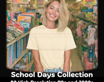 May include: A light yellow short-sleeved t-shirt worn by a person with blonde hair. The image features the text School Days Collection 80 High Resolution 90s and 2000s Inspired Lifestyle Mockups at the bottom of the frame.