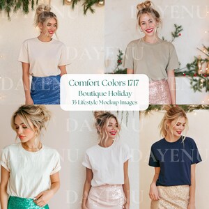 May include: A collection of five short-sleeved crewneck t-shirts in various solid colours, including cream, light olive, white, and navy, paired with sequined skirts in blue, rose gold, and gold. Text reads: Comfort Colors 1717 Boutique Holiday.