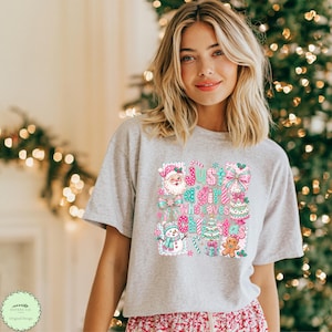 クリスマスが大好きな女の子 PNG、ピンクとティールのパッチワークデザイン、DTF PNG、即時ダウンロード