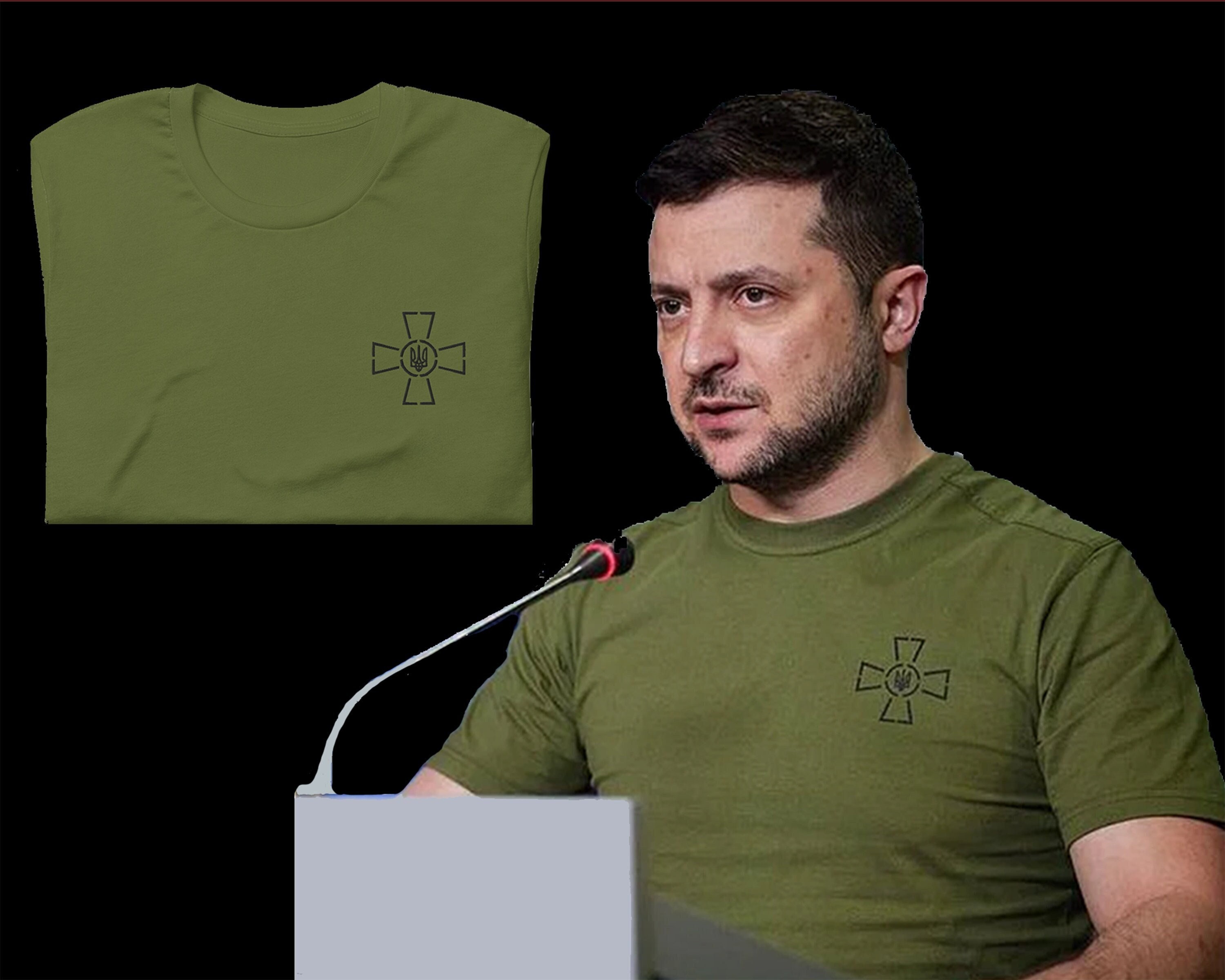 Ukrainian Coat Of Arms T-Shirt - Volodymyr Zelensky Support Shirt In Military Green (XX-Large)