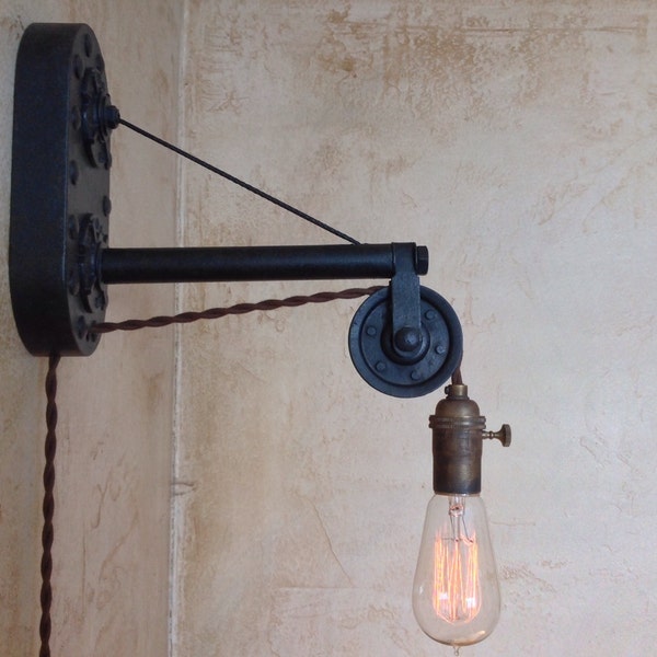 Vintage Industrial Pulley Sconce Lamp. Plug in.