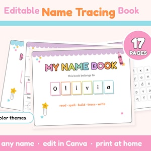 Puede incluir: Un libro de caligrafía de nombres editable de 17 páginas con un diseño colorido. La portada muestra el texto My Name Book, this book belongs to y el nombre Olivia en casillas individuales. Incluye un círculo rosa con el texto 17 pages.