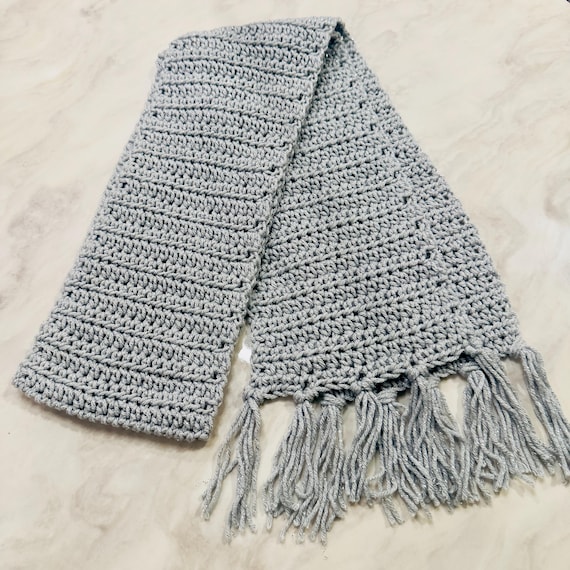 Silver Gray Crochet Scarf with Fringe — handmade crochet scarve, Silver gray crochet with fringed ends.