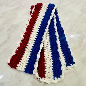 Red White & Blue Crochet Scarf, Handmade Textured Winter Accessory image 1