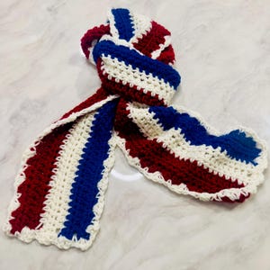 Red White & Blue Crochet Scarf, Handmade Textured Winter Accessory image 4