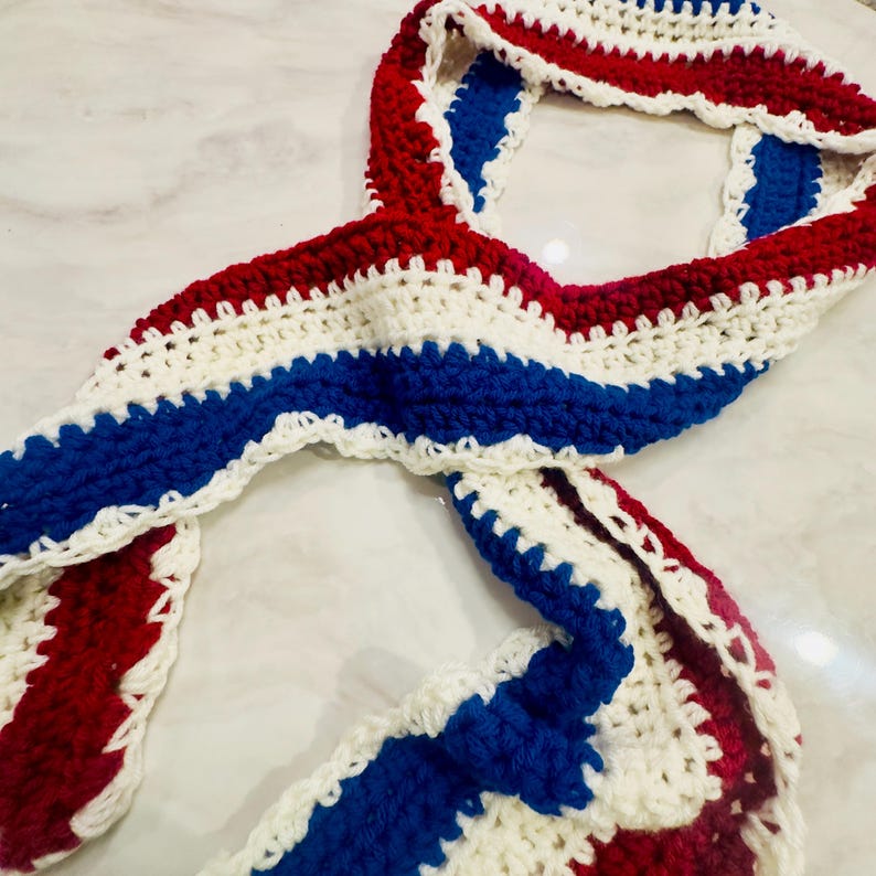 Red White & Blue Crochet Scarf, Handmade Textured Winter Accessory image 3