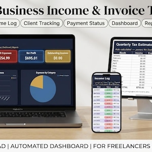 May include: A Small Business Income & Invoice Tracker displayed on a laptop, smartphone, and tablet. The screens show a dashboard with YTD income, expenses, net profit, and a quarterly tax estimator spreadsheet with various financial data points.