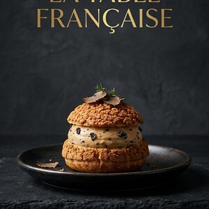 Peut inclure: Un chou à la crème doré garni d'une crème beige parsemée de petits éclats sombres, surmonté de fines lamelles de truffe et d'un brin d'herbes vertes. Le texte LA TABLE FRANÇAISE est inscrit en lettres dorées sur un fond sombre et texturé.