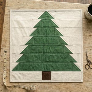 Puede incluir: Un tapiz de pared cuadrado de tela con un diseño de árbol de Navidad verde sobre un fondo crema. El árbol está construido con tiras de tela horizontales con líneas de acolchado visibles. Una cinta métrica muestra un ancho de 35,5 cm.
