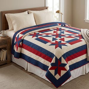 Puede incluir: Una colcha con un patrón geométrico de estrellas en rojo, azul marino y crema. El diseño incluye grandes estrellas centrales y bordes a rayas en colores alternos sobre una cama con almohadas de color crema y un faldón de cama.