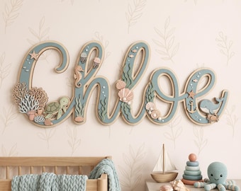 Gepersonaliseerd naambord met oceaanmotief, op maat gemaakte onderwaterdecoratie voor de babykamer, houten naambord met zeedieren, kustdecoratie voor de babykamer, kraamcadeau