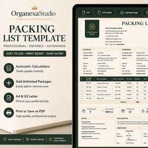 以下が含まれることがあります： OrganexaStudioによるデジタル梱包リストテンプレート。輸出者、荷受人、出荷詳細のセクションと、合計および署名欄を備えた詳細な品目表を含むプロフェッショナルなレイアウトで構成されています。